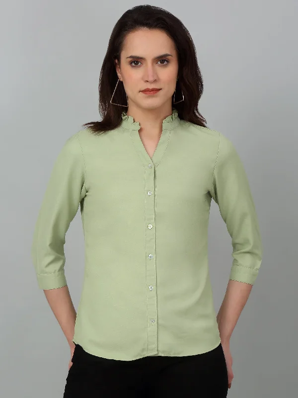 Women's Coats with CollarWomen's Casual  Green Solid Mandarin Collar Top