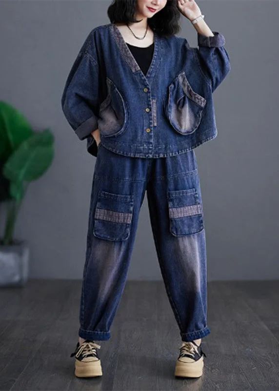 Women's Coats with CollarCasual Navy V Neck Patchwork Denim Coats And Harem Pants Two Pieces Sets Long Sleeve