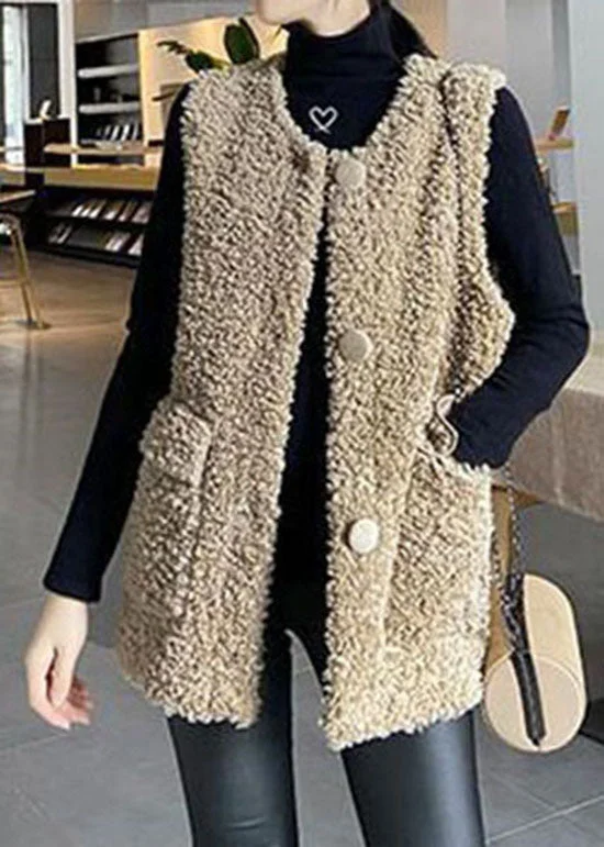 Women's Long CoatsClassy Khaki Button Pockets Faux Fur Winter waistcoat