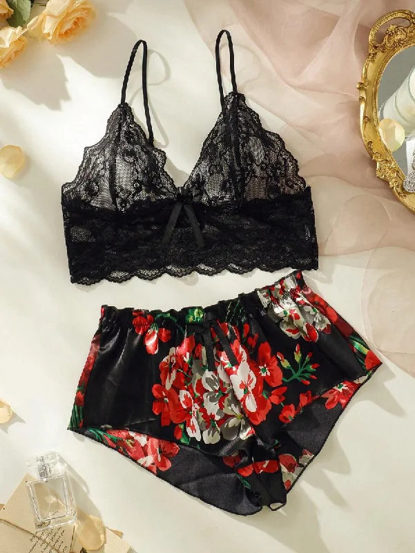 women's pajamas for bed and breakfast staysFloral Lace Bralette With Floral Shorts