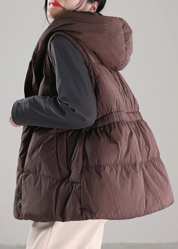 Women's Down CoatsChic Coffee Drawstring Duck Down Hooded Waistcoat Winter