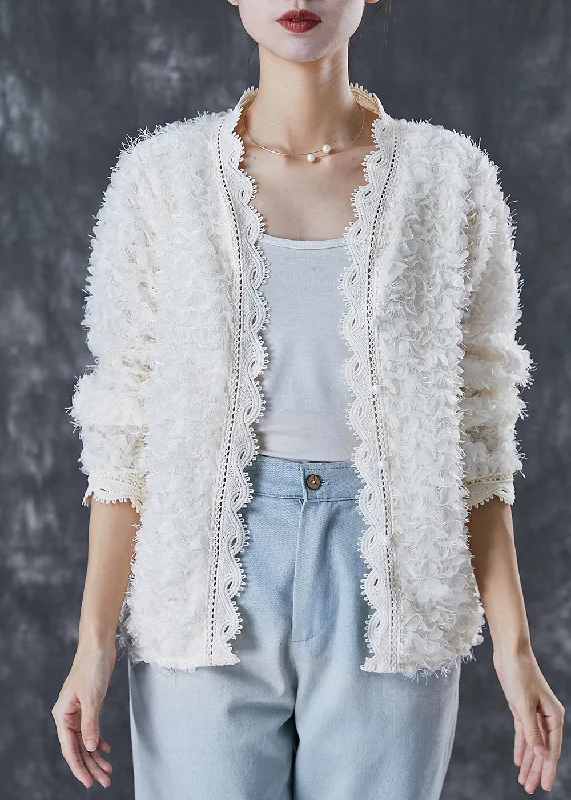 Women's Coats with Fur Trimmed ButtonsCasual White Tasseled Patchwork Lace Knit Loose Coat Spring