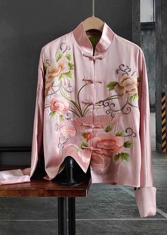 Women's Coats with Fur Trimmed ButtonsChic Pink Embroidered Chinese Button Patchwork Silk Coat Spring