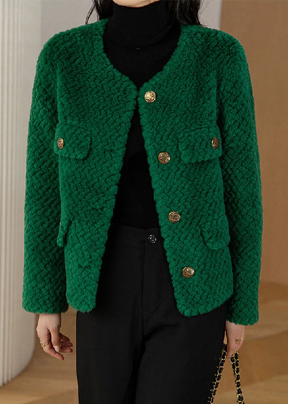 Women's Quilted CoatsChic Green O-Neck Button Woolen Coat Long Sleeve