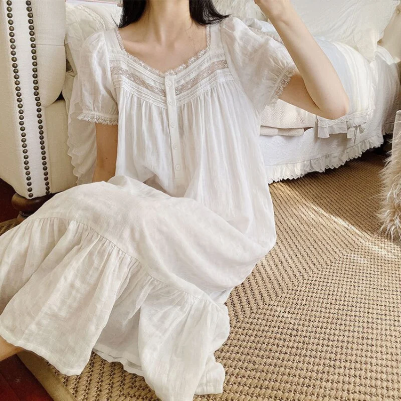 women's pajamas for those who seek ultimate relaxationVintage Long Cotton Nightgown with Short Sleeves