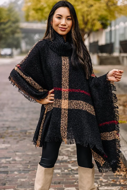 Women's Coats with Fur Trimmed PocketsOn Your Side Black Plaid Poncho