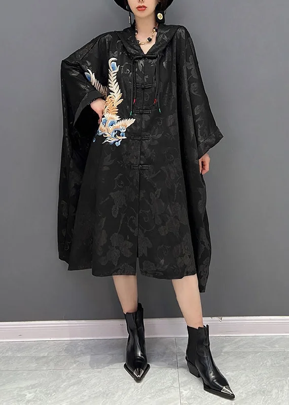 Women's Coats with Fur TrimmedChinese Style Black Hooded Embroideried Jacquard Cotton Trench Coat Fall