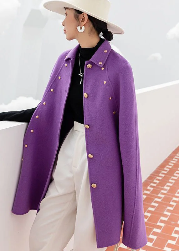 Women's Coats with Fur Trimmed HoodClassy Purple Oversized Rivet Cashmere Coats Cloak Sleeves