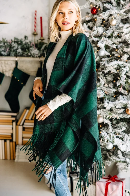 Women's Coats with Fur Trimmed HoodFeel The Connection Hunter Green Buffalo Plaid Poncho