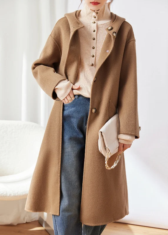 Women's Zip-Up CoatsClassy Khaki Pockets Button Patchwork Woolen Hoodies Coat Winter