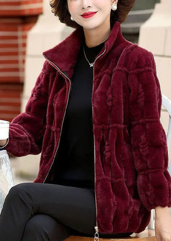 Women's Coats with Fur Trimmed SleevesClassy Mulberry Peter Pan Collar Zip Up Mink Hair Knitted Coat Winter