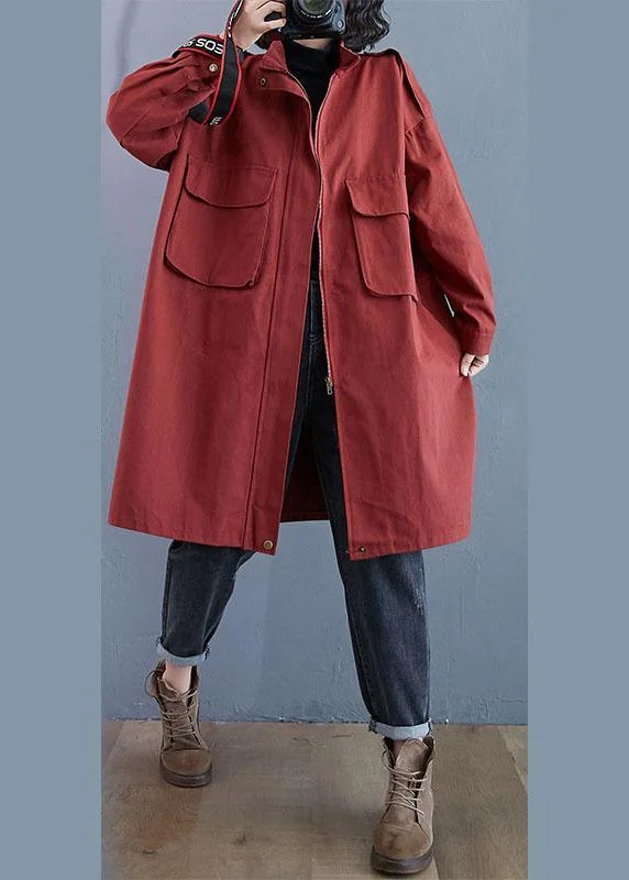 Women's Coats with PocketsChic Red Stand Collar Zippered Pockets Fall Long Sleeve Trench Coats