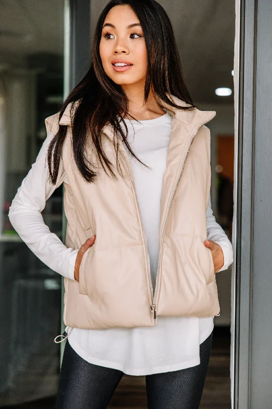 Women's Coats with Fur TrimGive The Sass Cream White Faux Leather Puffer Vest