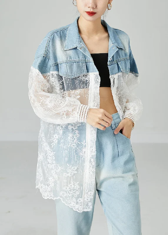 Women's Coats with Fur Trimmed BeltClassy Colorblock Embroideried Patchwork Hollow Out Denim Coat Outwear Summer