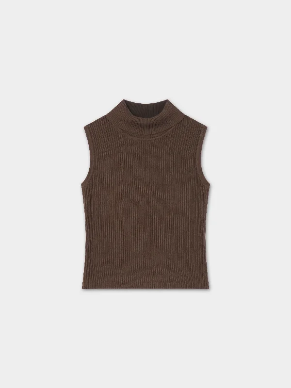 breathable mesh hats for summerSleeveless Ribbed Turtleneck-Chocolate Brown