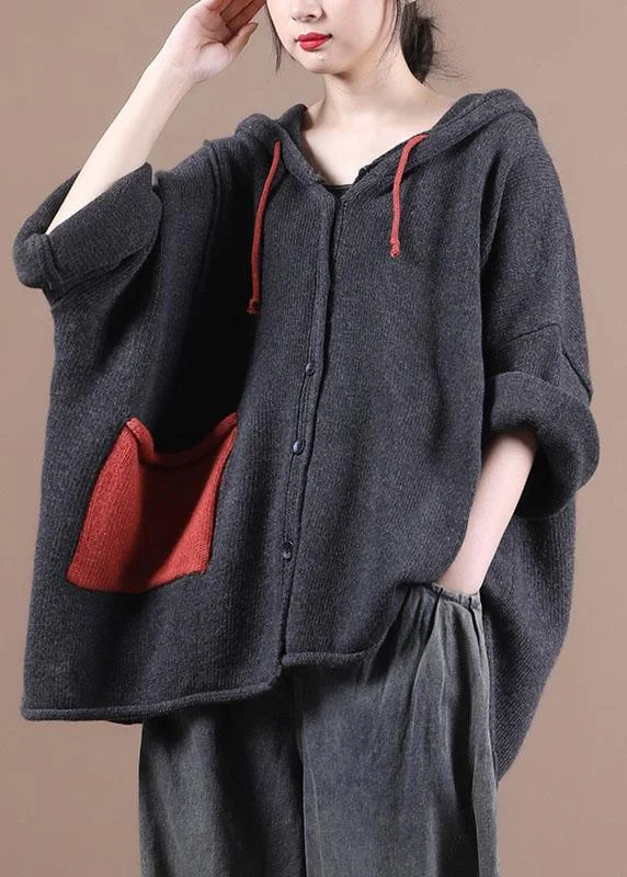 Women's Coats with Fur Trimmed ButtonsComfy Dark Grey hooded Pockets Sweater Coat