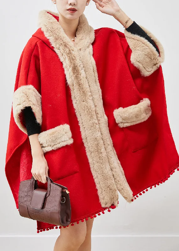 Women's Coats with Fur Trimmed ZipperCasual Red Oversized Patchwork Fuzzy Ball Decorated Woolen Coats Winter