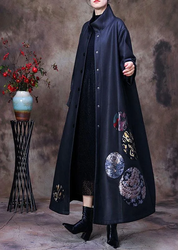 Women's Hooded CoatsCasual Navy Button Print Patchwork Winter Coat Outwear