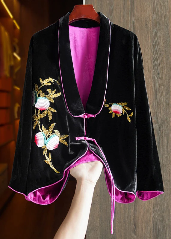 Women's Coats with Fur Trimmed ButtonsChic Black Chinese Button Embroideried Silk Velour Coats Long Sleeve