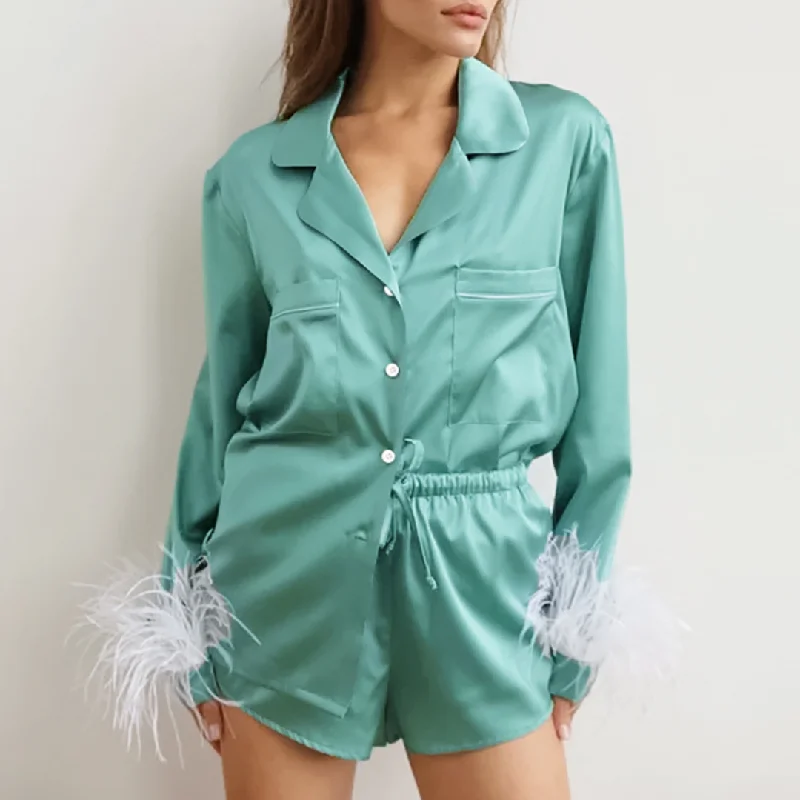 women's pajamas for those who cherish softnessFeather Long Sleeve Satin PJ Set with Pockets