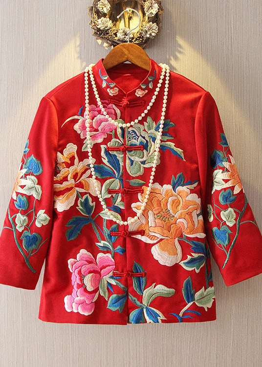 Women's Denim CoatsChinese Style Red Embroideried Floral Coats Spring