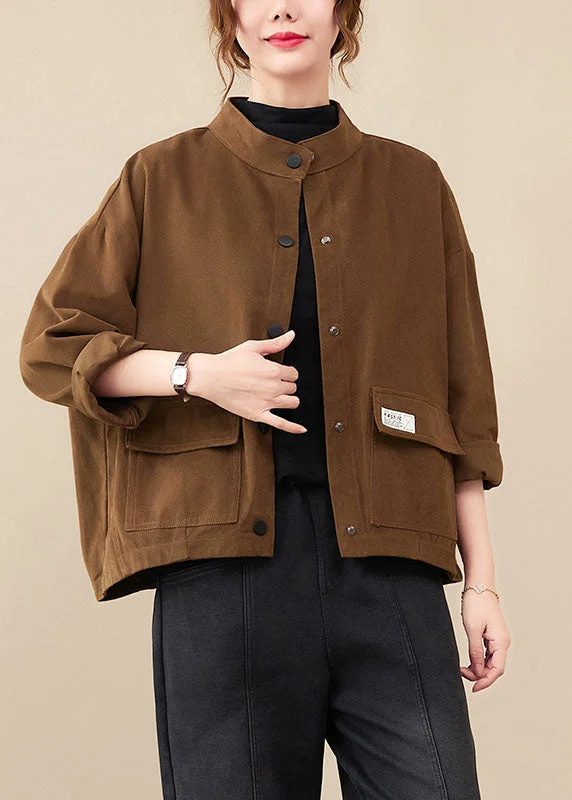 Women's Coats with Fur Trimmed PocketsChic Coffee Pockets Patchwork Button Coats Fall