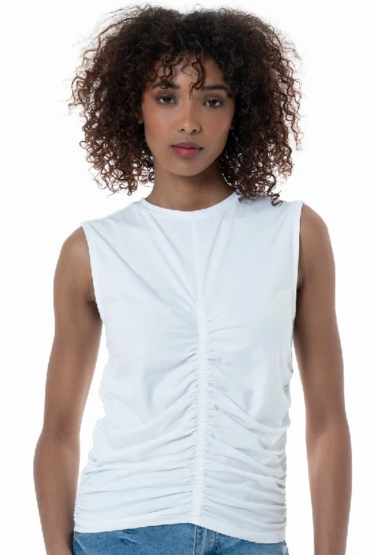 Women's Georgian Wool SweatersHigh Neck Ruched Tank Top _ 152295 _ Optic White