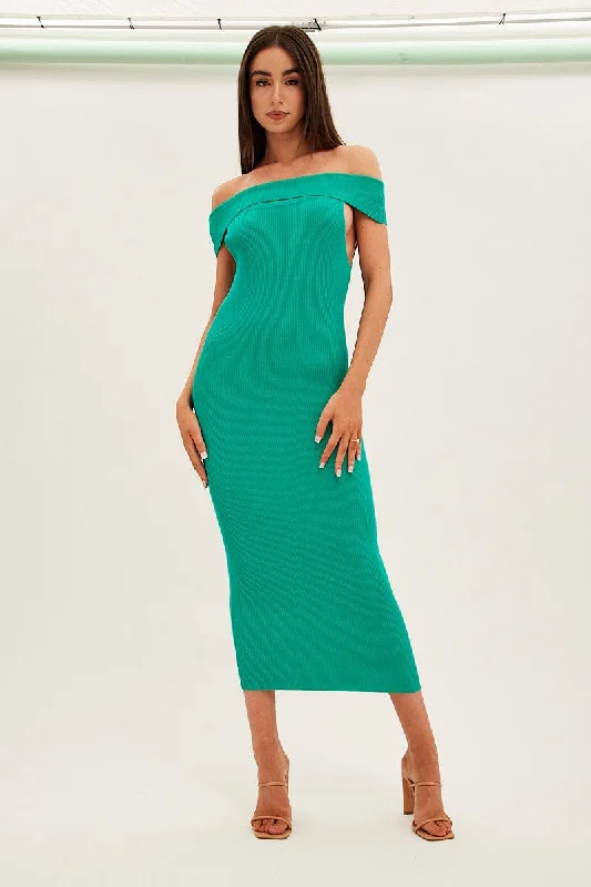 Women's Lapel Collar SweatersGreen Off Shoulder Dress Knit Bodycon Knit