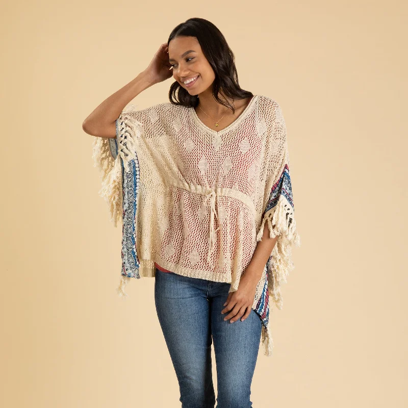 Knitted Women's CardigansOpen Weave Crochet Top with Fringe