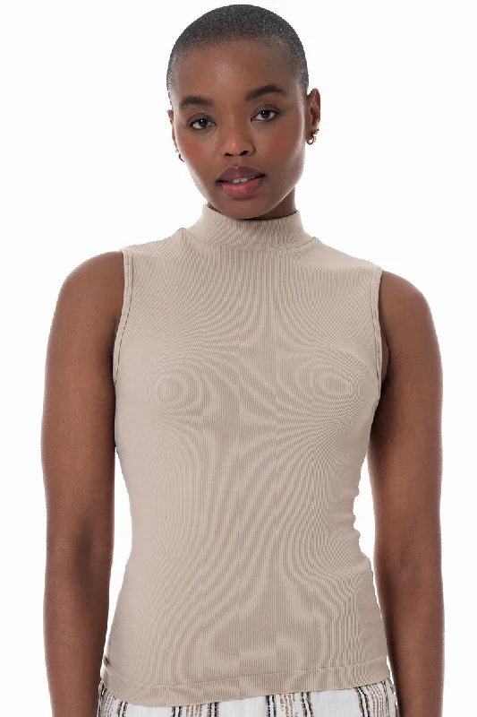 Women's Ribbed SweatersHi-Neck Seamless Top _ 152294 _ Stone