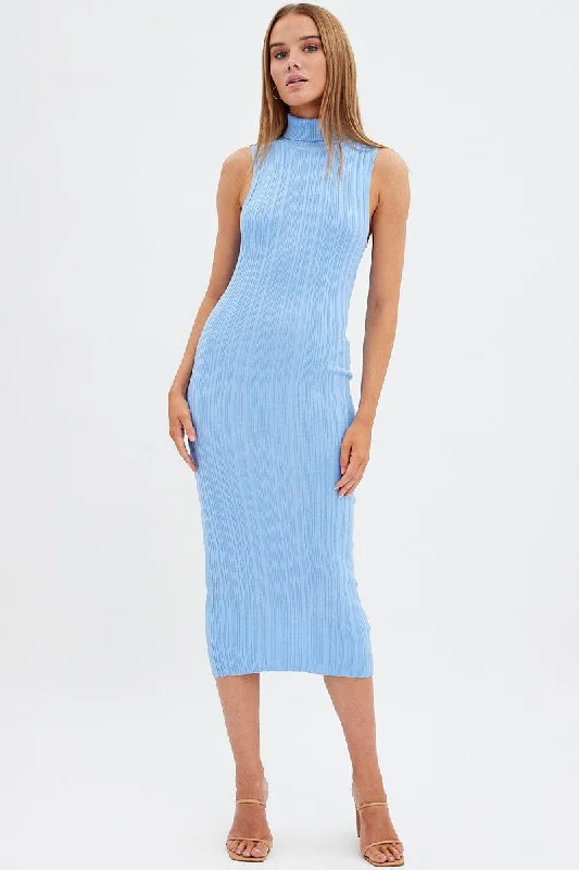 Women's Striped Woolen SweatersBlue Knit Dress Midi Square Neck