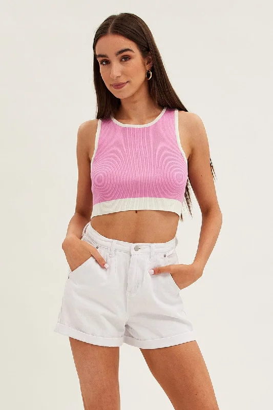 Women's Serbian Wool SweatersPink Crop Top Knit Contrast Binding