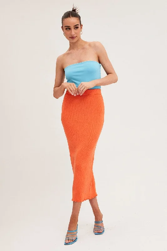 Women's Scoop Neck SweatersOrange Maxi Skirt Knit High Waist