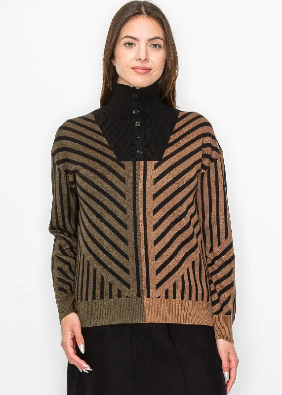 Women's Belarusian Wool SweatersCamel & Black Sweater with Artistic Stripes