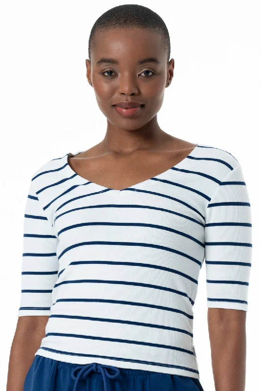 Women's Shirt Collar SweatersV-Neck Striped T-Shirt _ 152551 _ Optic White