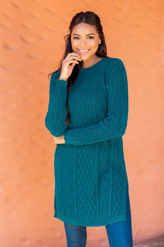 Women's Lapel Collar SweatersWinter Teal Baby Alpaca Teal Cable Knit Tunic Sweater Dress