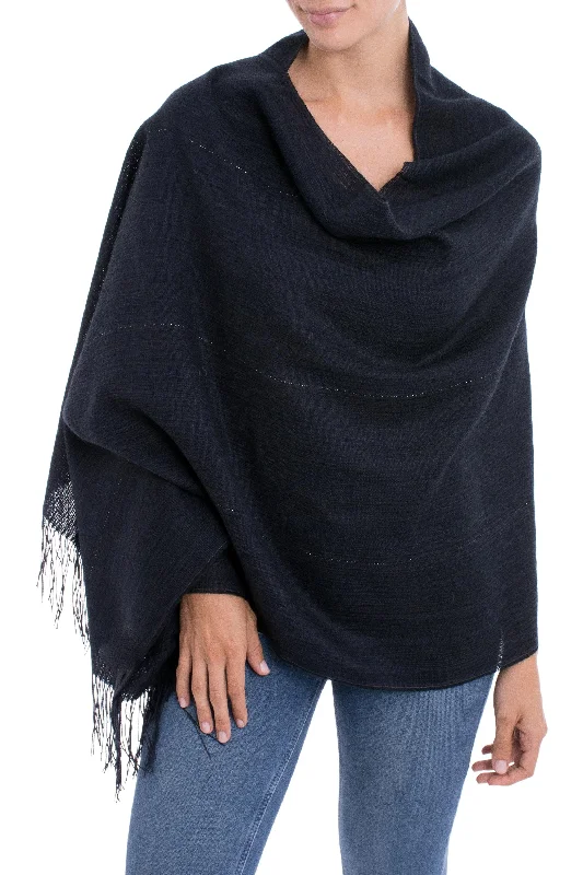 Women's V-Shaped Collar SweatersDeep Sky Midnight Blue 100% Alpaca Woven Fringed Shawl from Peru