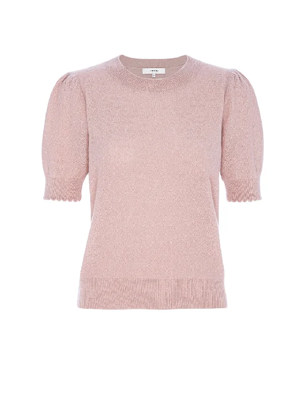 Women's Notched Collar SweatersPuff Sleeve Pointelle Sweater - Peony