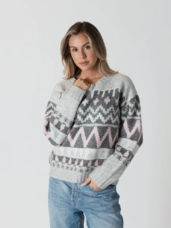 Women's Chunky Knit SweatersLanden Pullover - Grey/Pink