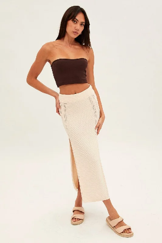 Women's V-Shaped Hem SweatersBeige Midi Skirt Knit Front Split