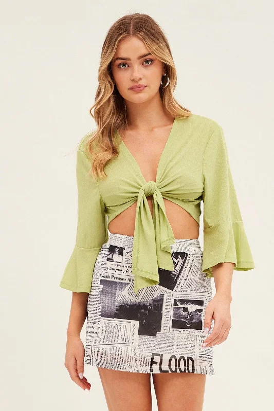 Women's V-Shaped Collar SweatersGreen Crop Cardigan Tie Up