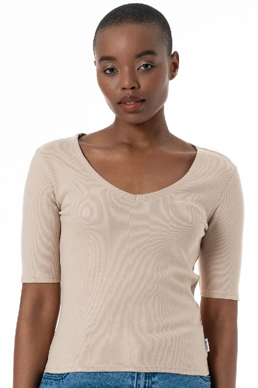 Women's Collarless Design SweatersRibbed V-Neck T-Shirt _ 152251 _ Stone