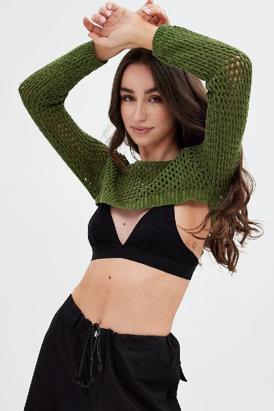 Women's Blended Wool SweatersGreen Knit Top Long Sleeve Openwork Cropped