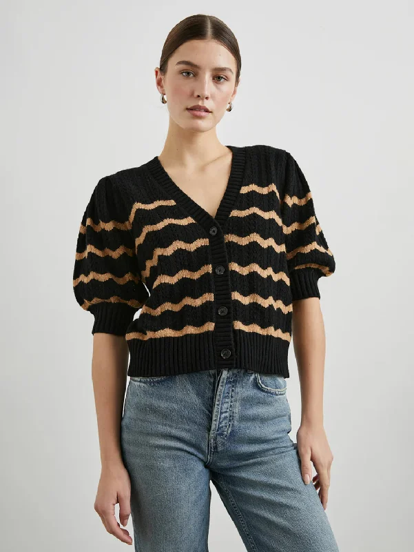 Women's Romanian Wool SweatersIsla Cardigan - Black Camel Stripe