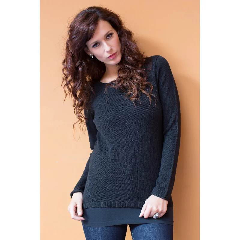 Women's Three-Quarter Sleeve SweatersPuno Black Cotton & Alpaca Sweater