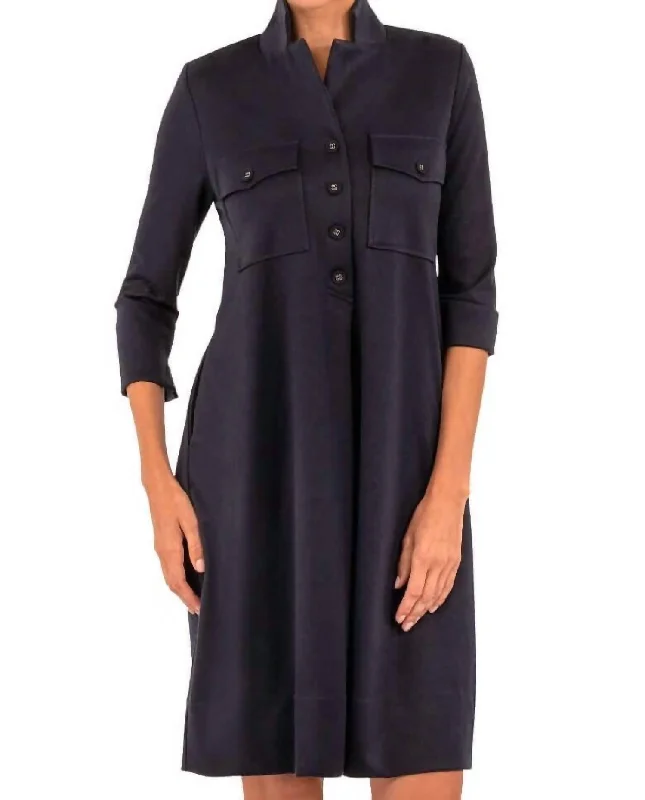 Women's Keyhole Collar DressesAlli Dress Ponte - Uptown Girl In Navy Blue