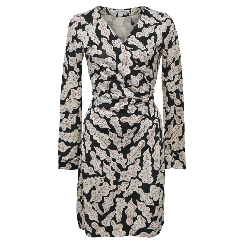 Women's Pleated DressesDiane Von Furstenberg Leaf Print Wrap Dress in Black Silk