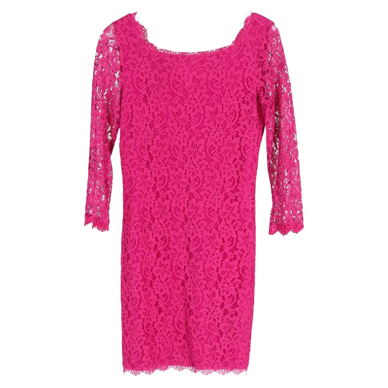 Women's Low Collar DressesDiane Von Furstenberg Zarita Long Sleeve Lace Dress in Pink Rayon