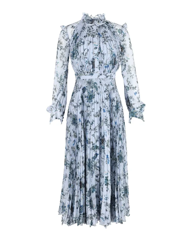 Women's Notched Collar DressesErdem Narella Hogarth-Print Pleated-Chiffon Dress in Blue Polyester