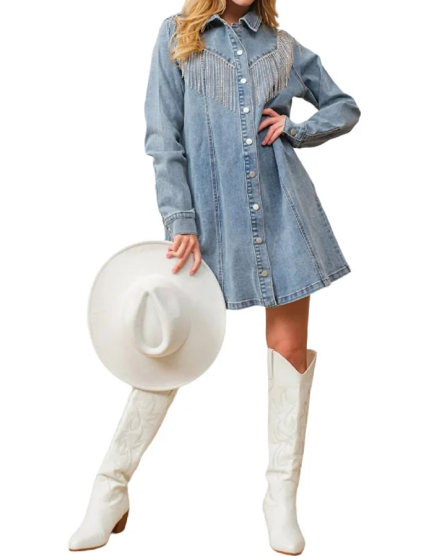 Women's Keyhole Collar DressesFringe Denim Dress In Blue